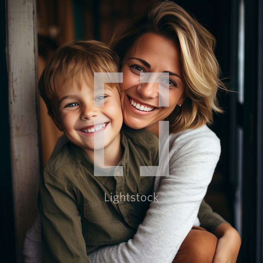 A mother and her son embrace tenderly and smile