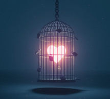 A glowing heart is locked up in a cage with several padlocks.