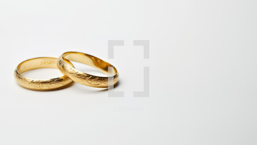 Two gold wedding rings on white background with copy space for text.