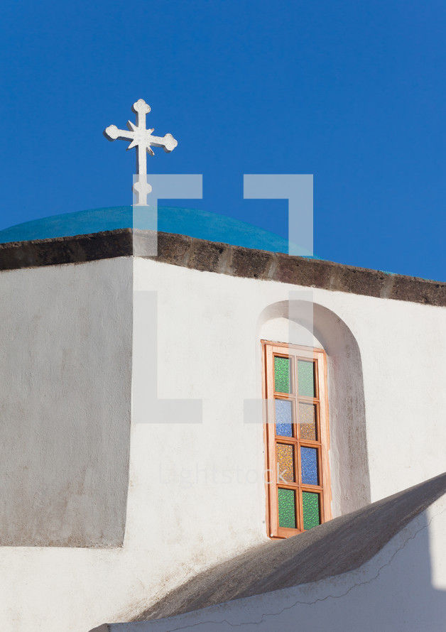 orthodox church blue dome in Santorini Island, Greece.