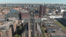 Circling footage of the St. Laurenskerk the Great church, the only remaining building from the middle ages of the area, in the city of Rotterdam, Netherlands.