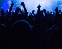 Silhouette of crowd with hands raised while facing concert on stage.