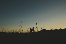 couple walking holding hands in a field at sunset