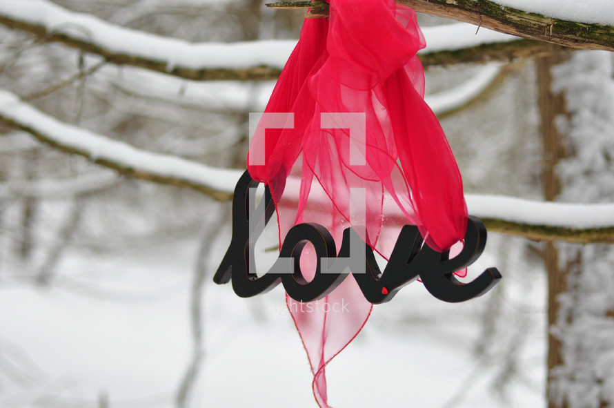 Letters spelling "love" hanging from a snow-covered tree.