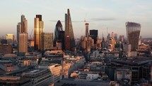 Day to night timelapse of the financial district of London, England.