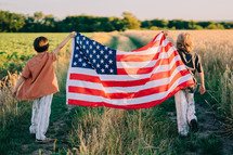 Cute Little Boys - American Patriot Kids Running With National Flag On Open Area