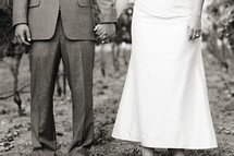 torso of a couple holding hands man in suit woman in wedding dress bride and groom
