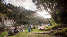 Time lapse of evening light in tourist camp on Whanganui river side in New Zealand.
