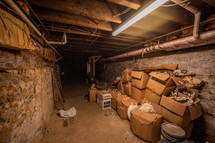 Boxes of things in consumerist basement, dimly lit.