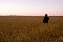 Farmer standing in a wheat field at harvest time