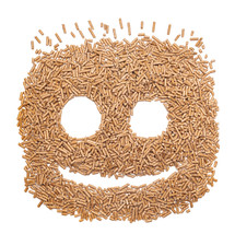 Funny face made with alternative biofuel from sawdust wood pellets.