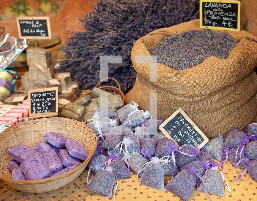 Lavender bunches selling in a outdoor market. 