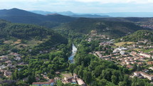 La Cèze river aerial shot Saint Ambroix Cevennes National Park