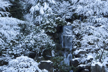icy waterfall in a snowy forest 