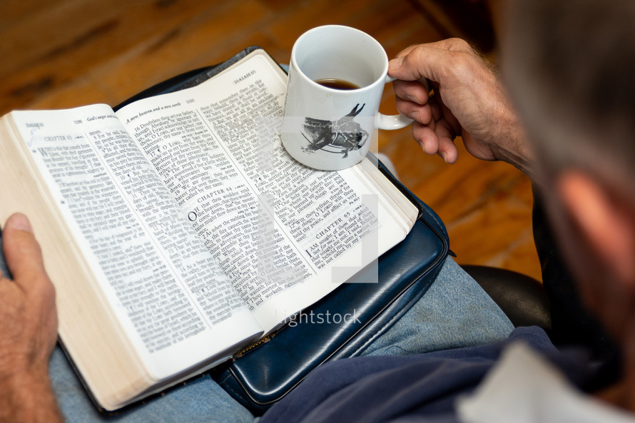 personal Bible study, man, with Bible and coffee 