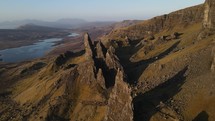 Drone footage of the Storr mountain peak in Scotland,