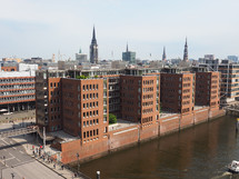 Aerial view of the city skyline seen from Hafencity in Hamburg, Germany