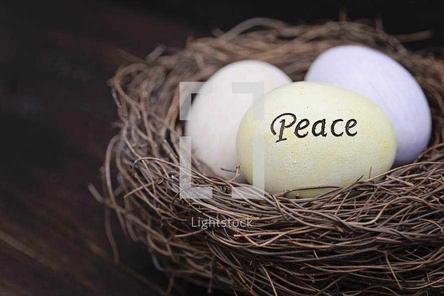 the word peace on an Easter egg in a bird's nest 