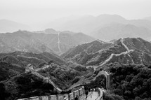 Great Wall of China winding through mountains.
