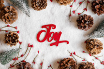 Snowy background with pine cone and berry frame with "joy" in the middle