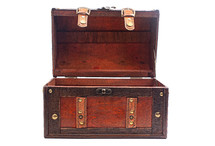An Empty and Open Wooden and Leather Treasure Chest Isolated on a White Background