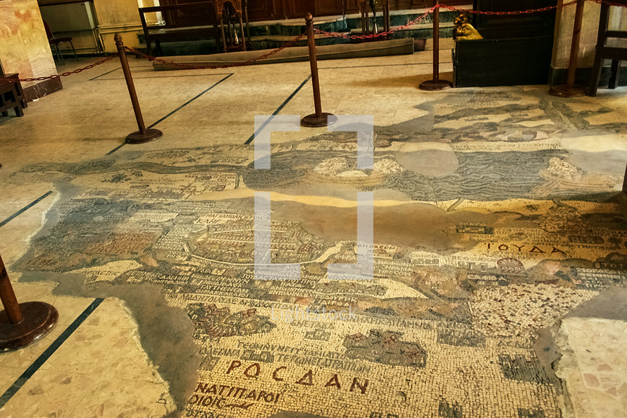 Mosaic map from the 6th century of Jerusalem and the Holy Land in Madaba, Jordan