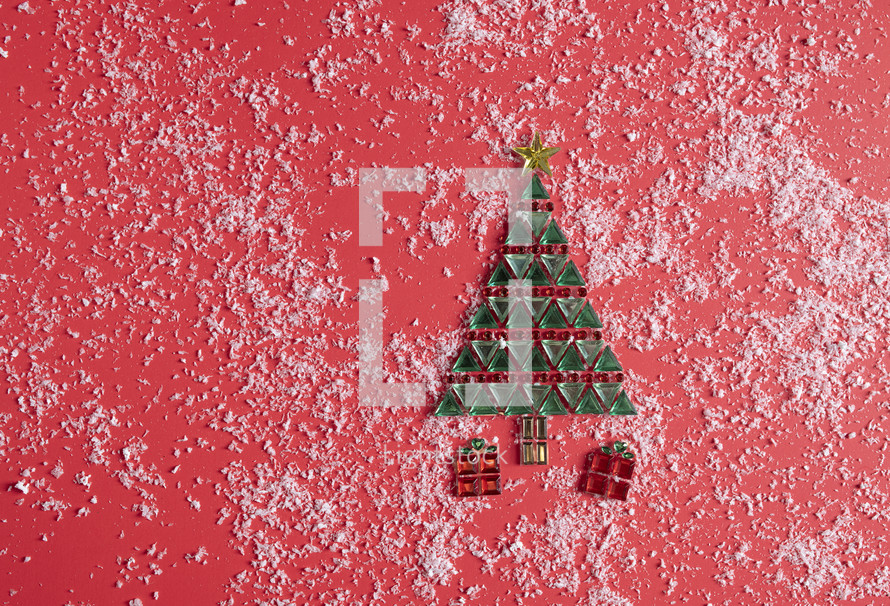 Christmas tree design on red background 