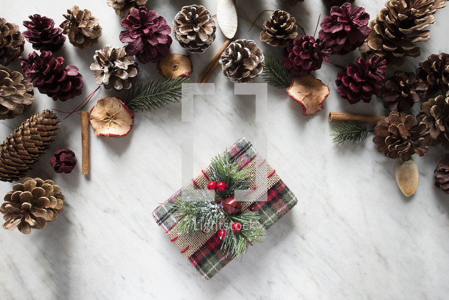 pine cones and dried fruit and wrapped gift at Christmas 
