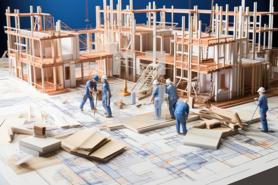 3d model of construction site with blueprints and workers at work