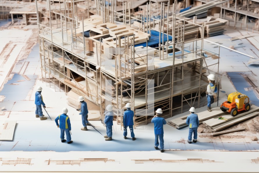 Miniature people : Workers are working on the building construction site.