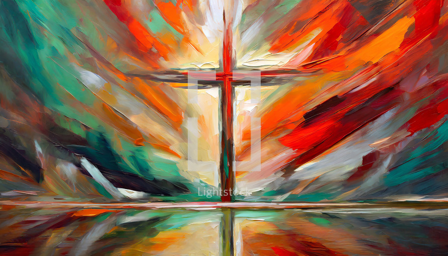 Oil painting of a cross against a red and jade green background
