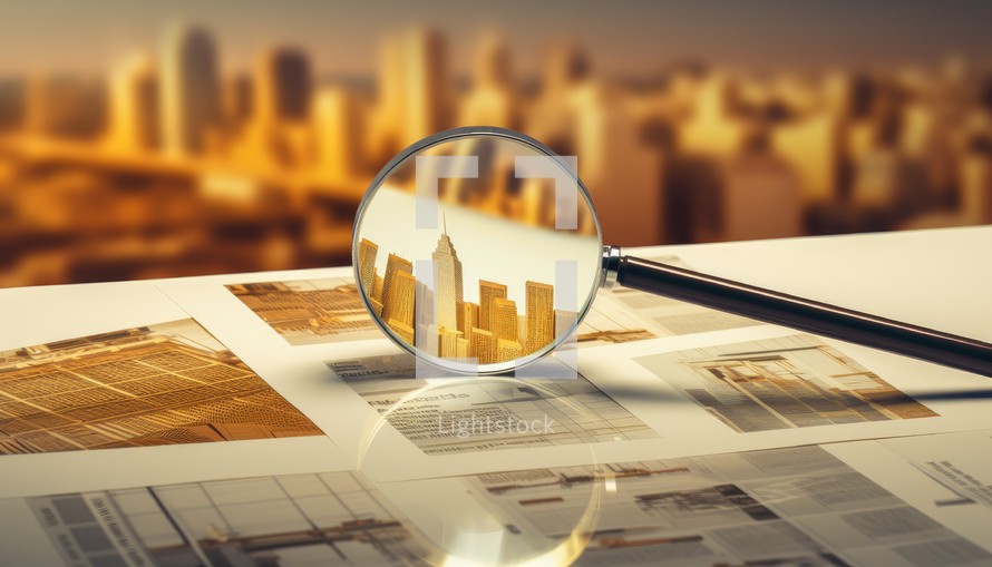 Magnifying glass on city background. 3d render. Business concept