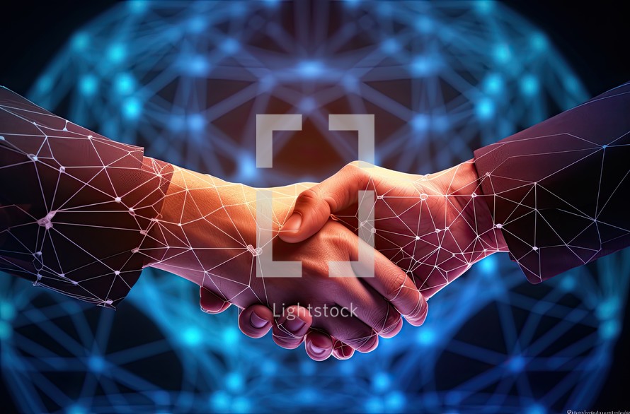 Close up of business handshake against global network connection on dark blue background