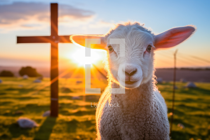 A lamb standing before the cross on Easter morning with sunrise
