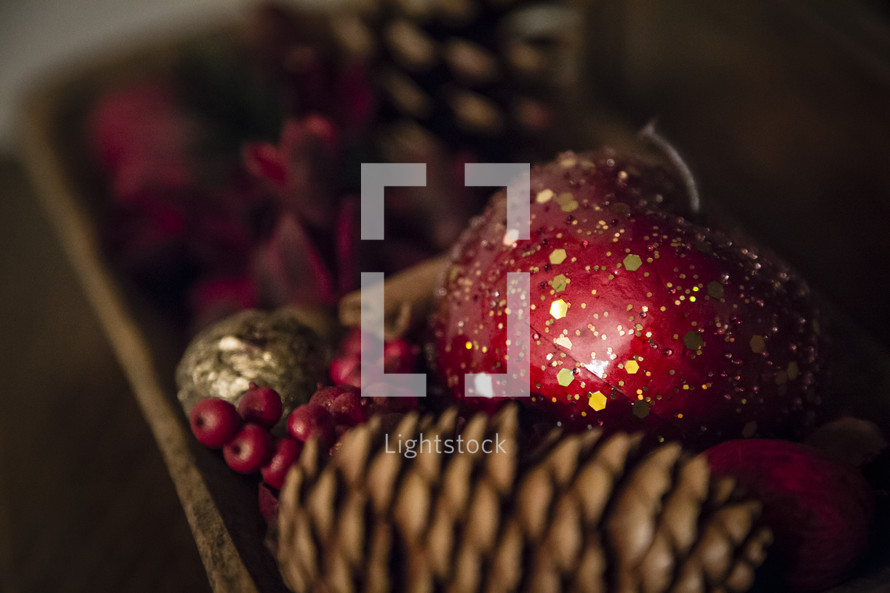 glittery apple, pine cone, berries, winter, decorations, Christmas 