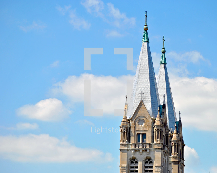 
Richardsonian Romanesque architecture style in twin church steeples; Catholic church of St. Joseph, Joliet, IL
