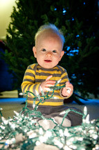toddler boy playing with Christmas lights