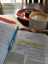 highlighted pages of a Bible, John, coffee and donuts, Bible study 