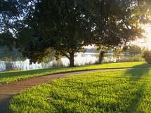 Rays of the afternoon sun - The sun sets over a lake and grassy knoll in a fall summer day.