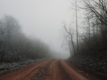 A dirt road leading into fog.