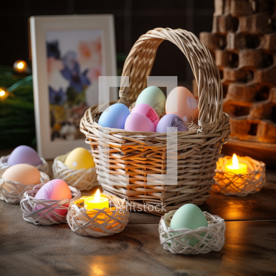 Colorful Easter eggs displayed in a decorative arrangement with a lit church candle.