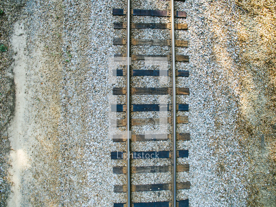 An aerial view of railroad tracks.