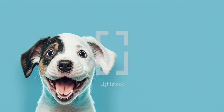 Cute puppy smiling and isolated on blue background with copy space