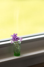 purple flowers in a glass in a window sill 