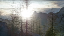 Winter Sunset over Forest Trees Silhouette in Snowy Alps Mountains Time Lapse. Pan Left to Right
