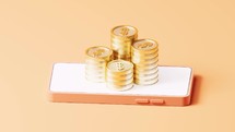Cell phone and golden coins, 3d rendering.
