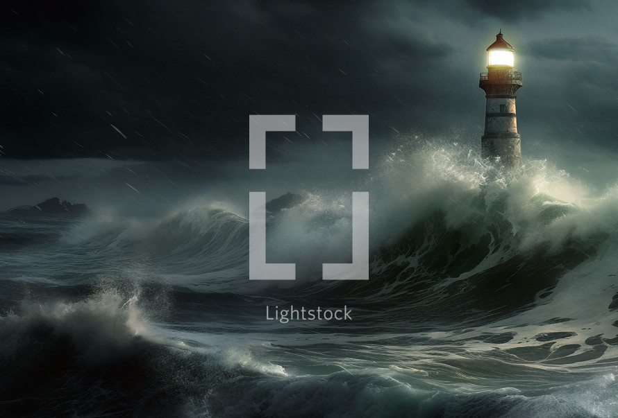Lighthouse shines during a large storm at sea