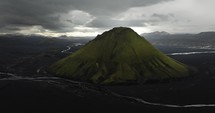 Moss mountains of Iceland, aerial view with scenic mountains in the background