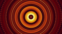 Round Fractal Noise and Kaleidoscopic. Orange Pattern made with Particle System. mirror prism creating toy effect, with shimmering lights and fast changing mandala shapes
