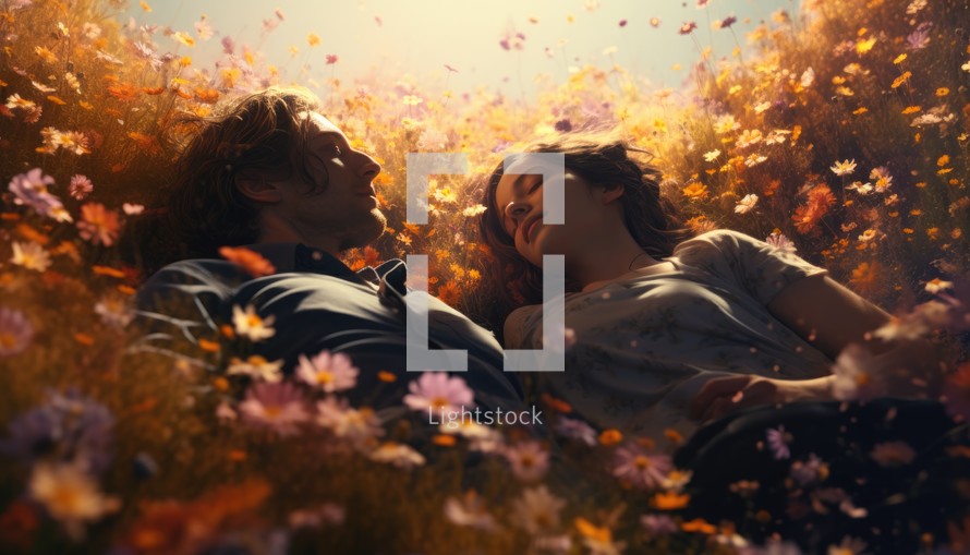 Young couple in love lying on the meadow with flowers. Love concept.